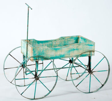 This a great wood wagon with iron wheels Would make a wonderful cart for holding your potted plants Measures 16