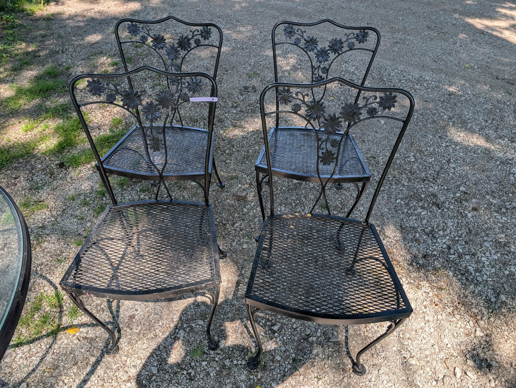 Wrought Iron Woodard Patio Table & 4 Flower Chairs