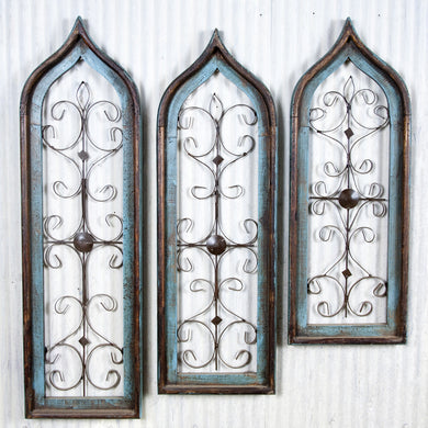 Blue Wash Pointed 
Set of 3 Wooden Windows