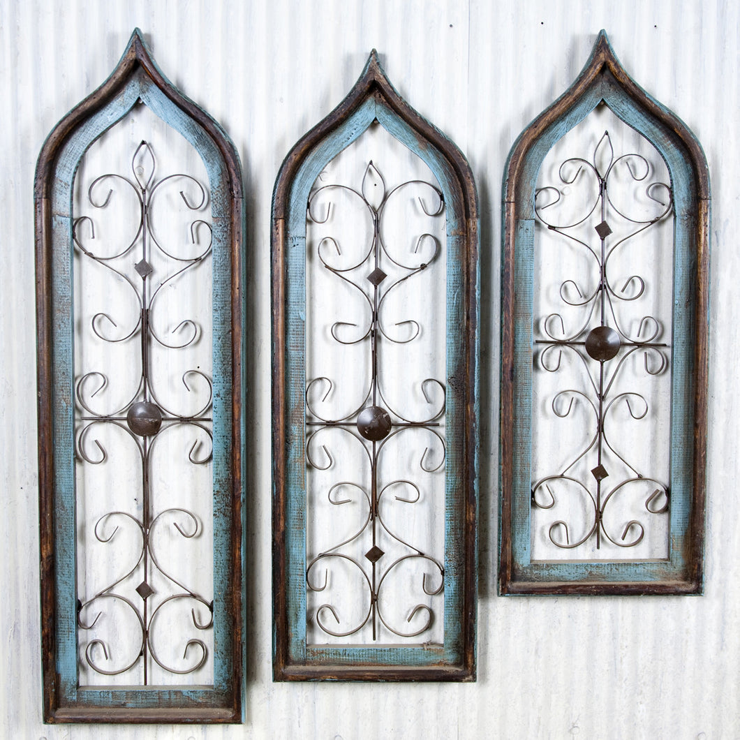 Blue Wash Pointed 
Set of 3 Wooden Windows